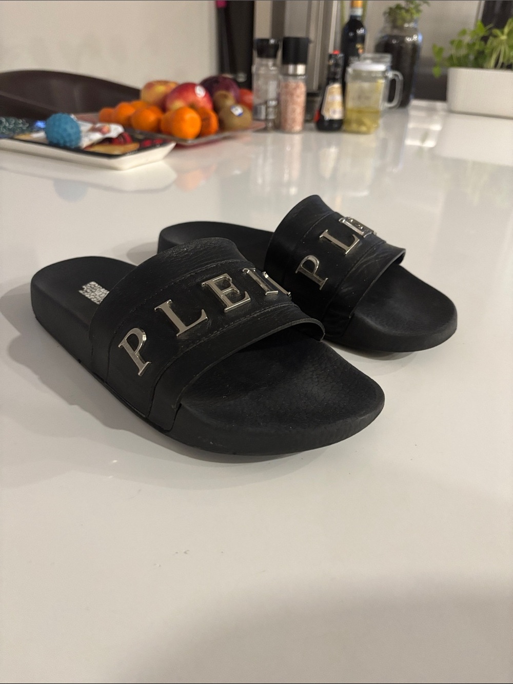 Philipp Plein Black Slide Sandals with Silver Logo